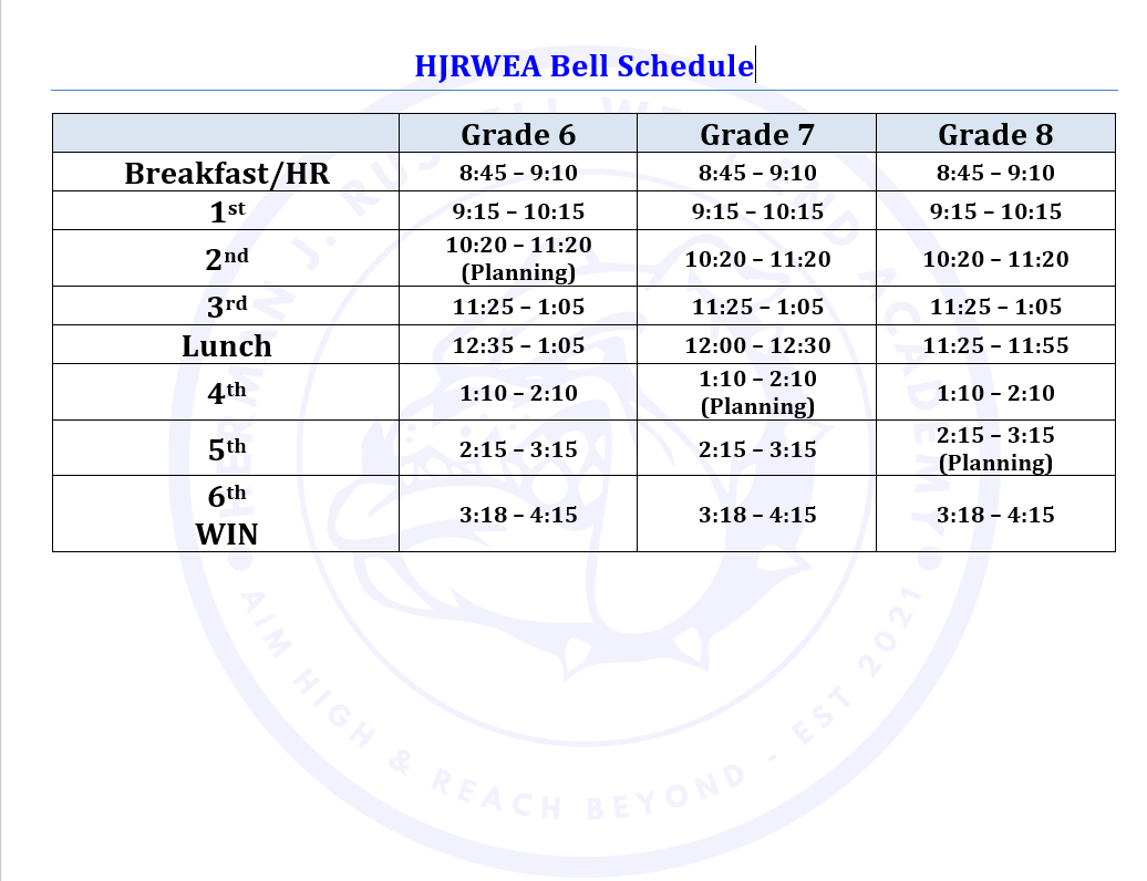  HJR Bell Schedule